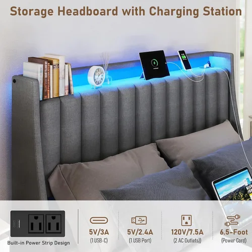 Miniatura 4 de SADENICEL Base de cama de tamaño completo con cabecera de almacenamiento y 4 cajones, plataforma de base de cama de metal completo con luz LED