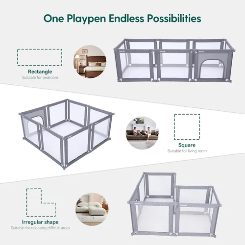 Miniatura 4 de Babelio Corralito plegable para bebés y niños pequeños, forma y área ajustables, corralito con puerta con cremallera, valla portátil para bebés