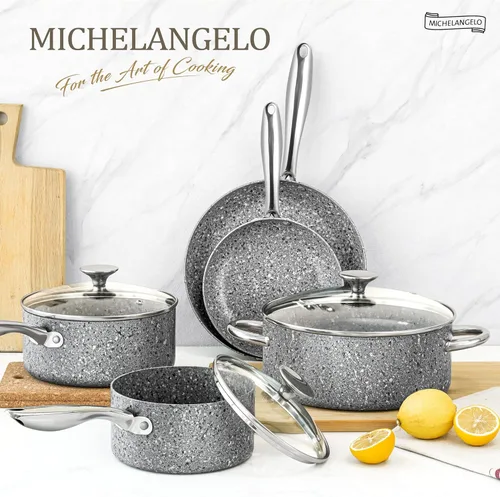 Miniatura 7 de MICHELANGELO Juego de ollas y sartenes de 10 piezas, juego de utensilios de cocina con revestimientos de granito para resultados súper