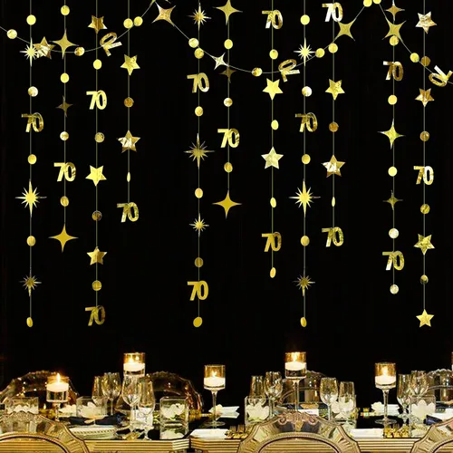 Decoraciones doradas de cumpleaños número 70, guirnalda de estrellas centelleantes con el número 70, guirnalda metálica para colgar en banderines
