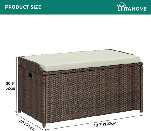 Miniatura 2 de YITAHOME Banco de almacenamiento al aire libre, banco de almacenamiento de ratán PE de 70 galones con asas y cojín suave, caja de almacenamiento al