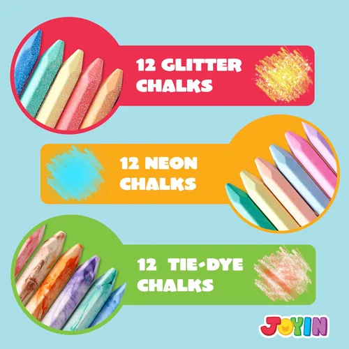 Miniatura 3 de JOYIN Juego de 36 tizas lavables para acera en 6 paquetes, 18 colores, incluyendo 12 teñido anudado, 12 purpurina y 12 tizas de color neón