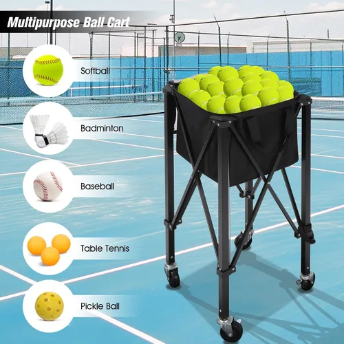 Miniatura 8 de Tolva portátil para pelotas de tenis con capacidad para 200 bolas, carrito de canasta de pelota de tenis con 4 ruedas y frenos, bolsa de tela Oxford
