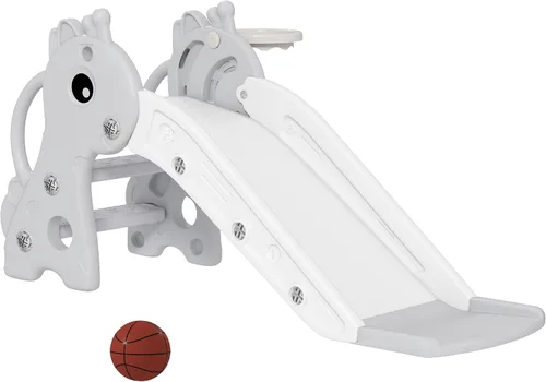 Miniatura 10 de Qaba Tobogán para niños pequeños con escalador, aro de básquetbol y pelota, tobogán para interiores con diseño de jirafa, equipo de juego Azul