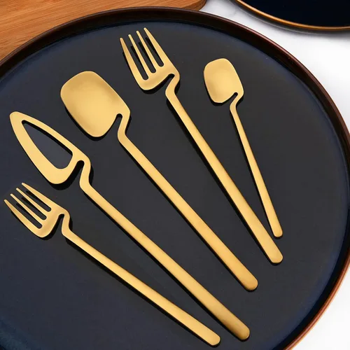 Miniatura 3 de Juego de cubiertos dorados mate, 20 piezas de cubiertos de acero inoxidable 304 colgantes para 4, juego de utensilios de cocina con acabado Oro