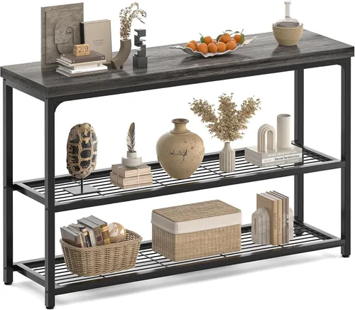 Miniatura 13 de Besiost Mesa consola pequeña de 32 pulgadas, mesa de entrada estrecha de 2 niveles, mesa de sofá con estantes de malla, mesas de consola para sala