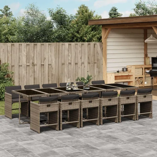 Miniatura 41 de 11-Piece Brown Poly Rattan Patio Dining Set with Cream Cushions Outdoor Furniture Foldable Chairs Tempered Glass Table for Garden Backyard Patio