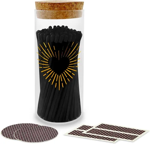 Miniatura 23 de 4" Fósforos Todos Negros en un Frasco + Adhesivos de Mechero Incluidos 100 Fósforos Negros con Punta Negra Decorativos y Seguros con Soporte