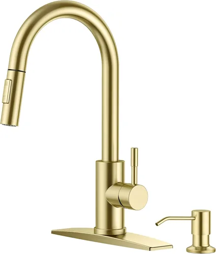 Miniatura 22 de FORIOUS Grifo de cocina con rociador desplegable, níquel cepillado, arco alto, moderno, clásico, grifo de fregadero de acero inoxidable con placa