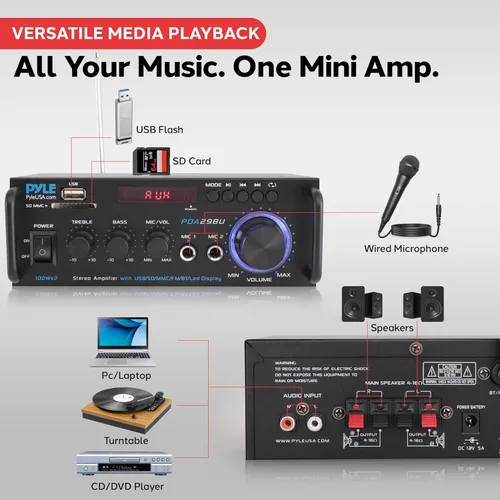 Miniatura 4 de Pyle Amplificador de potencia estéreo de 200W con Bluetooth - Receptor de audio de doble canal - Pantalla LED - RCA - USB - SD - ENTRADA MIC - Radio
