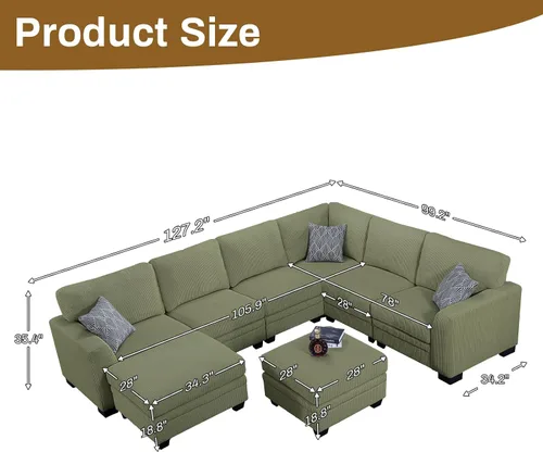 Miniatura 57 de Legend Vansen Sofá Seccional Modular de Gran Tamaño, Sofá en Forma de U de 7 Asientos con Otomana, Sofá de Pana con Asiento Profundo, Sofás Crema