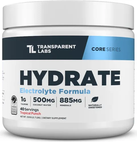 Transparent Labs Hydrate - Polvo de electrolitos naturalmente endulzados, electrolitos en polvo de hidratación con agua de coco, calcio, taurina y