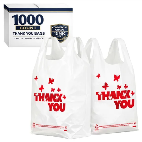 Miniatura 10 de YoYoRain 1000 Pack Bolsas de agradecimiento de playera blancas con asas, 11"x6"x21" Bolsas de plástico para compras para abarrotes, venta al por