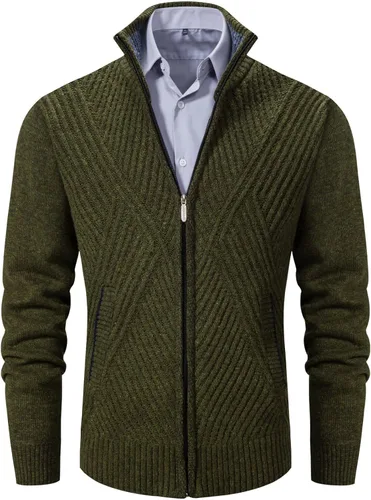 Miniatura 67 de VtuAOL Suéteres tipo cárdigan para hombre, con cremallera completa, cuello alto, cárdigan de punto casual con bolsillos