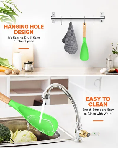 Miniatura 7 de Cuchara de cocina para utensilios de cocina antiadherentes, ideal para cocinar y servir silicona mate resistente sin BPA, cuchara con mango de Verde