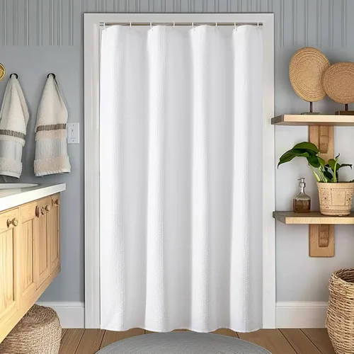 Miniatura 14 de OWENIE Cortina de ducha blanca para baño, 96 pulgadas, extra larga, elegante cortina de ducha de tela texturizada en relieve 3D, repelente al agua