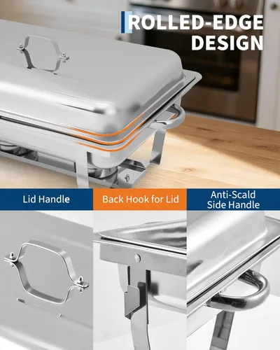Miniatura 2 de GarveeHome Platos de roce para buffet, paquete de 2 unidades, de acero inoxidable de 8 cuartos de galón y calentadores de buffet con tapa, Plateado