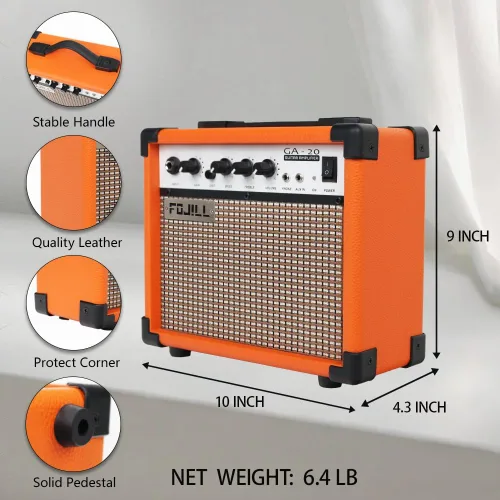 Miniatura 5 de Fojill Amplificador de guitarra eléctrica de 20W, amplificador de práctica pequeño portátil de viaje mini con conector de auriculares de 3.5, Naranja