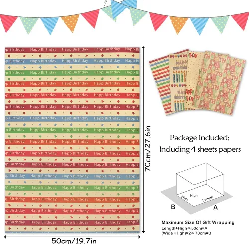 Miniatura 2 de Papel de regalo colorido de estraza para hombres, mujeres, niños, niñas, niños, 4 hojas en 4 diseños plegados planos de 20 x 28 pulgadas por hoja