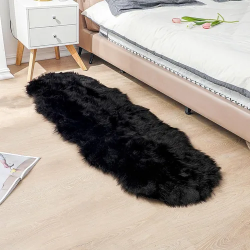 Miniatura 6 de linmopm Alfombra de piel sintética de pelo lanudo esponjoso negro de 2x6 pies para dormitorio, cabecera de la cama, suelo, sala de estar, cojín