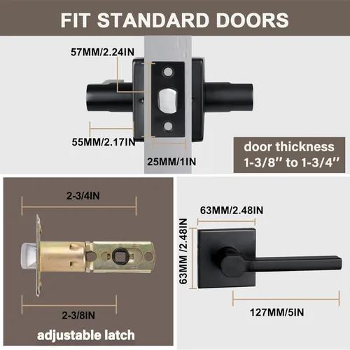 Miniatura 5 de Manija de Puerta de Paso (Sin Cerradura), Mango Cuadrado Interior de Servicio Pesado para Pasillo y Closet, Negro Mate, Reversible para Diestros