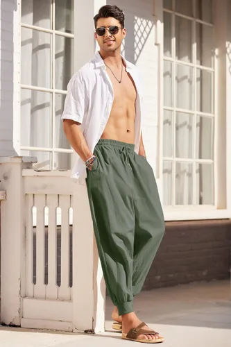 Miniatura 4 de COOFANDY Pantalones de harén hippie para hombre, holgados, de lino, bohemio, para yoga, casual, con entrepierna caída, pantalones