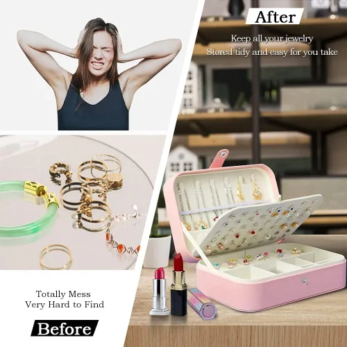 Miniatura 6 de XMJXBOX Caja organizadora de joyas de 3 capas de piel sintética para mujeres, niñas, estuche de almacenamiento impermeable para collares, anillos