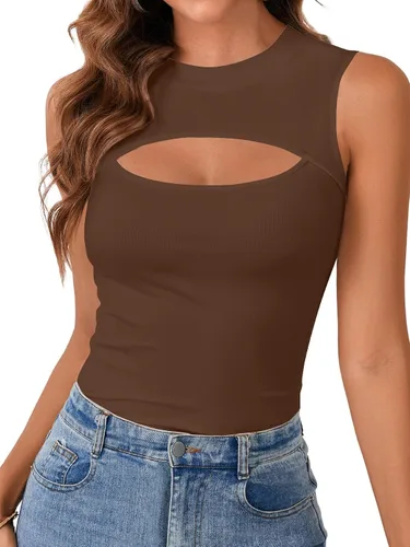 Miniatura 12 de Vrtige Camiseta sin mangas sexy con cuello redondo para mujer, de punto acanalado, sin mangas, ajustada