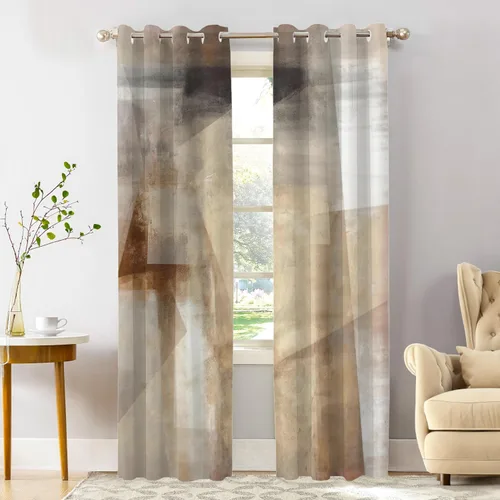 Miniatura 192 de Shrahala Beige and Orange Abstract Art Brushstrokes Blackout Curtain Tiers, Abstract Oil Paint Kitchen Valance Light Blocking Tier Drapes with Rod