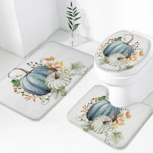 Miniatura 11 de Tapete de baño de 3 piezas de otoño con diseño de calabaza, color azul y verde, hojas de arce, cosecha, decoración de Acción de Gracias, juego