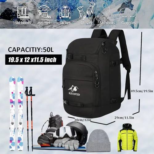 Miniatura 5 de KEOFID 50L Ski Boot Bag Backpack, Waterproof Ski Bag, Travel Backpack for Ski Helmet, Snowboard