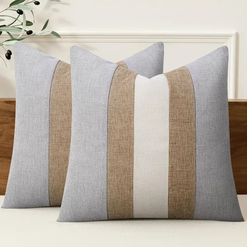 Miniatura 19 de Adabana Juego de 2 fundas de almohadón de lino decorativas con diseño de patchwork cuadrado para sofá, cama, sala de estar, estilo granja, 18 x 18