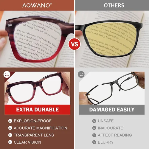 Miniatura 6 de AQWANO Oversized Design Reading Glasses Women/Men, Computer Blue Light Blocking Square Readers Paquete de 2 (C2/C3 marrón/rojo)