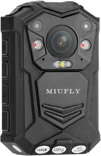 MIUFLY Cámara Corporal de Policía 1296P con Pantalla de 2 Pulgadas, Visión Nocturna, GPS, Memoria Integrada de 128G