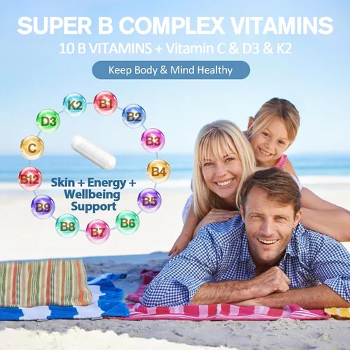 Miniatura 7 de Complejo de Vitamina B Plus 13 en 1 con Vitamina B1, B2, B3 (Niacina), B4, B5, B6, B7 (Biotina), B8 (Inositol), B9 (Ácido Fólico), B12, C, D3, K2