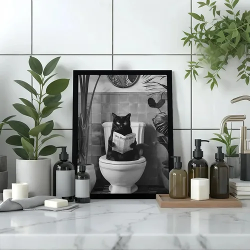 Miniatura 5 de SYWENNOI Arte de Pared en Lienzo Enmarcado en Blanco y Negro para Baño, Divertido Gato Negro Sentado en el Inodoro Leyendo Periódico Decoración
