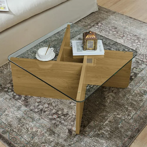 Miniatura 14 de LKTART Mesa auxiliar de vidrio, mesas auxiliares redondas de 23.5 pulgadas con superficie de vidrio templado cruzado y base de madera maciza, mesita