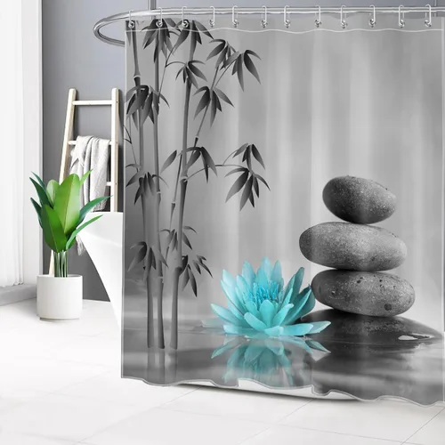 Miniatura 10 de LB Cortina de ducha de spa Zen azul y gris, piedra de bambú gris con flor de lirio de agua azul, cortina de ducha moderna para spa, decoración