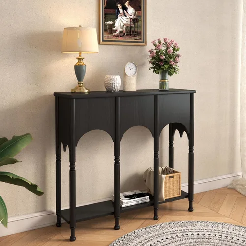 Mesa consola de 40 pulgadas con estante de almacenamiento, mesa de entrada retro de 2 niveles, mesa de sofá de madera con patas de estilo romano