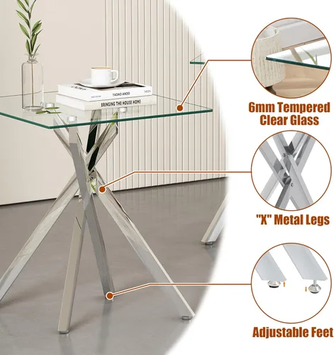 Miniatura 4 de Juego de 2 mesas auxiliares de cristal, mesa auxiliar cuadrada moderna con vidrio templado transparente y marco de metal cromado plateado, mesita