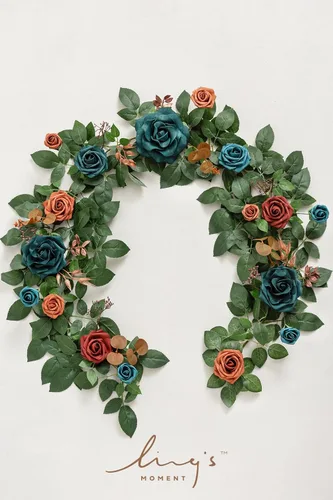 Miniatura 6 de Ling's Moment Guirnalda de Flores Artificiales de 5 Pies Azul Verde Azulado Rosa Naranja Quemado Hojas de Eucalipto Guirnalda Floral Arco Flores O