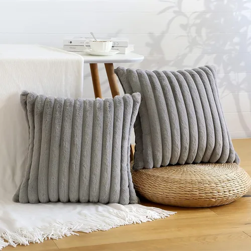 Miniatura 25 de Soleebee Juego de 2 fundas de cojín, terciopelo suave, acogedoras, pelo sintético de conejo, sofá, cama, silla, decorativa para el hogar, 22 x 22