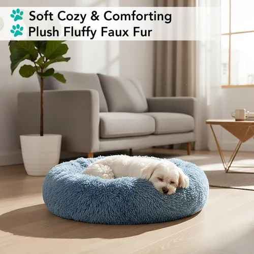 Miniatura 2 de PetAmi Cama calmante para perros y gatos pequeños y medianos, 23 camas redondas en forma de dona, cama lavable y esponjosa de piel sintética