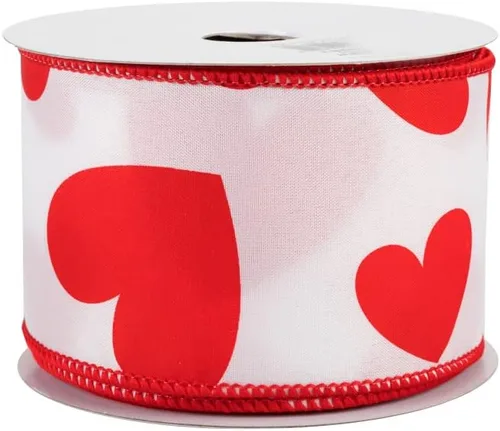 Miniatura 6 de Cinta de corazones rojos y blancos de San Valentín, 2 1/2 pulgadas x 10 yardas, decoración del día de San Valentín, bordes metálicos con alambre