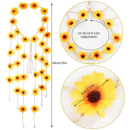 Miniatura 2 de Sucrain 2 diademas hippie de flores, corona floral, accesorios para el cabello de girasol de verano para los años 70, estilo bohemio para mujeres