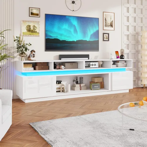 Miniatura 11 de chartustriable Soporte de TV LED para TV de 80 pulgadas, centro de entretenimiento alto moderno con tomas de corriente, soporte de TV de alto