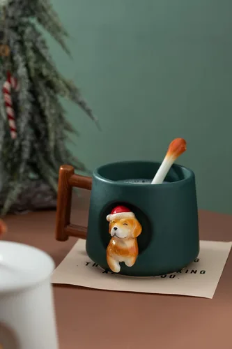 Miniatura 3 de DIHOclub Taza de café de cerámica con tapa y cuchara a juego, taza con patrón 3D Golden Retriever para té, leche y chocolate, bonita taza
