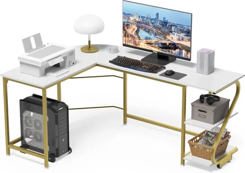 Miniatura 9 de Weehom Escritorio reversible en forma de L con estantes, escritorio de esquina grande para computadora de juegos para oficina en casa, estación
