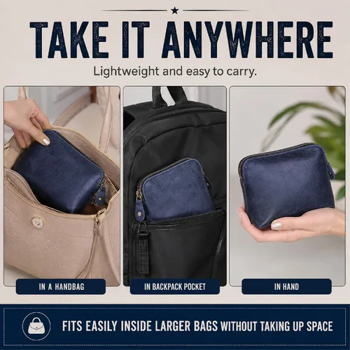 Miniatura 7 de Bolsas de Cosméticos de Cuero Azul Para Mujeres Juego de Viaje – Monedero con Cremallera Hecho a Mano Juego de Bolsas de Maquillaje Azul Pequeñas