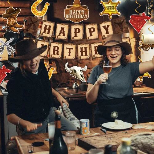 Miniatura 7 de Decoraciones de fiesta de vaquero, decoraciones de fiesta temática de vaquero incluyen pancartas de feliz cumpleaños de vaquero occidental